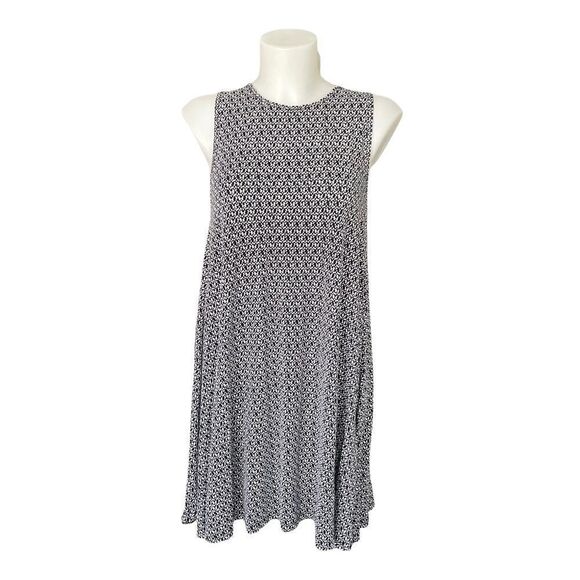 LOFT SLEEVELESS FLOWY SHIFT DRESS GEOMETRIC PRINT BLACK WHITE CREW‎ NECK SZ S - Picture 1 of 10